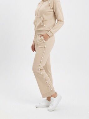 Pearl-Trim Beige Jogger Pants